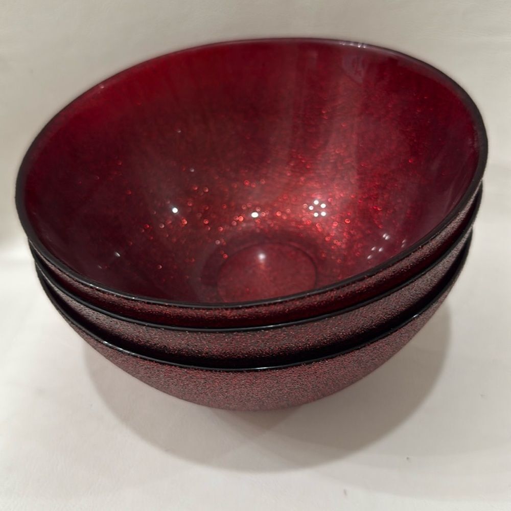 Akcam Ruby Red Glittering Glass 3 Bowl Set 20 Oz 5 1/2 In Round 2 1/2 In Tall